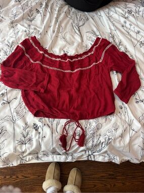 Papaya Red Off-Shoulder Crop Top with Tassel Tie